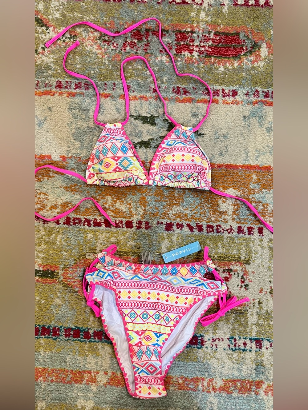 Popvil Pink Aztec-Print Triangle Bikini Set